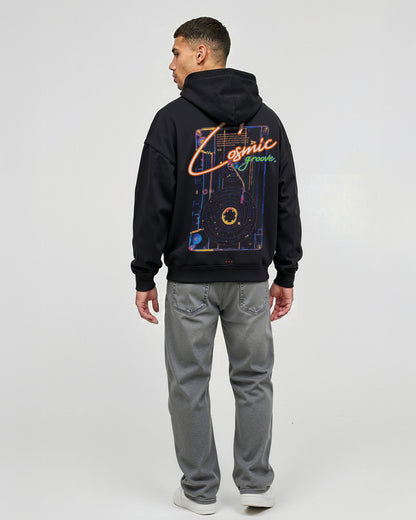 COSMIC GROOVE Black Oversized Fleece Hoodie