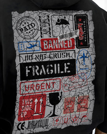 FRAGILE Black Oversized Fleece Hoodie