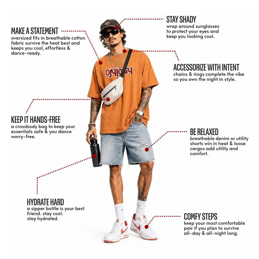 Man wearing an orange t-shirt, denim shorts, and white sneakers with text on festival outfit guide.