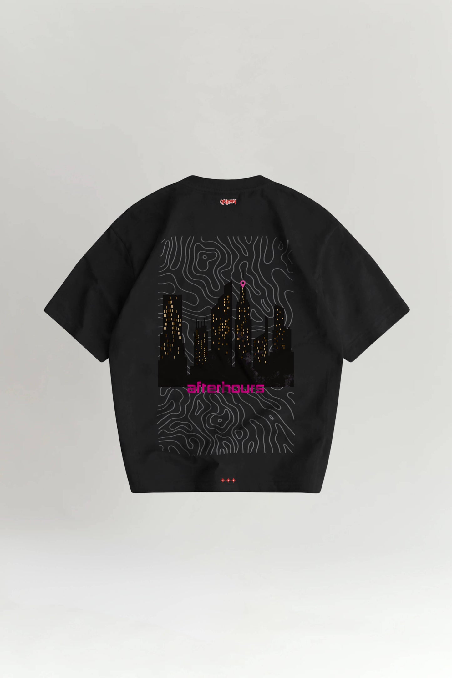 Black t-shirt with graphic design and text on a light gray background