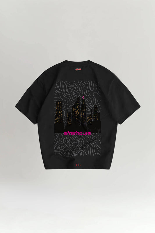 Black t-shirt with graphic design and text on a light gray background