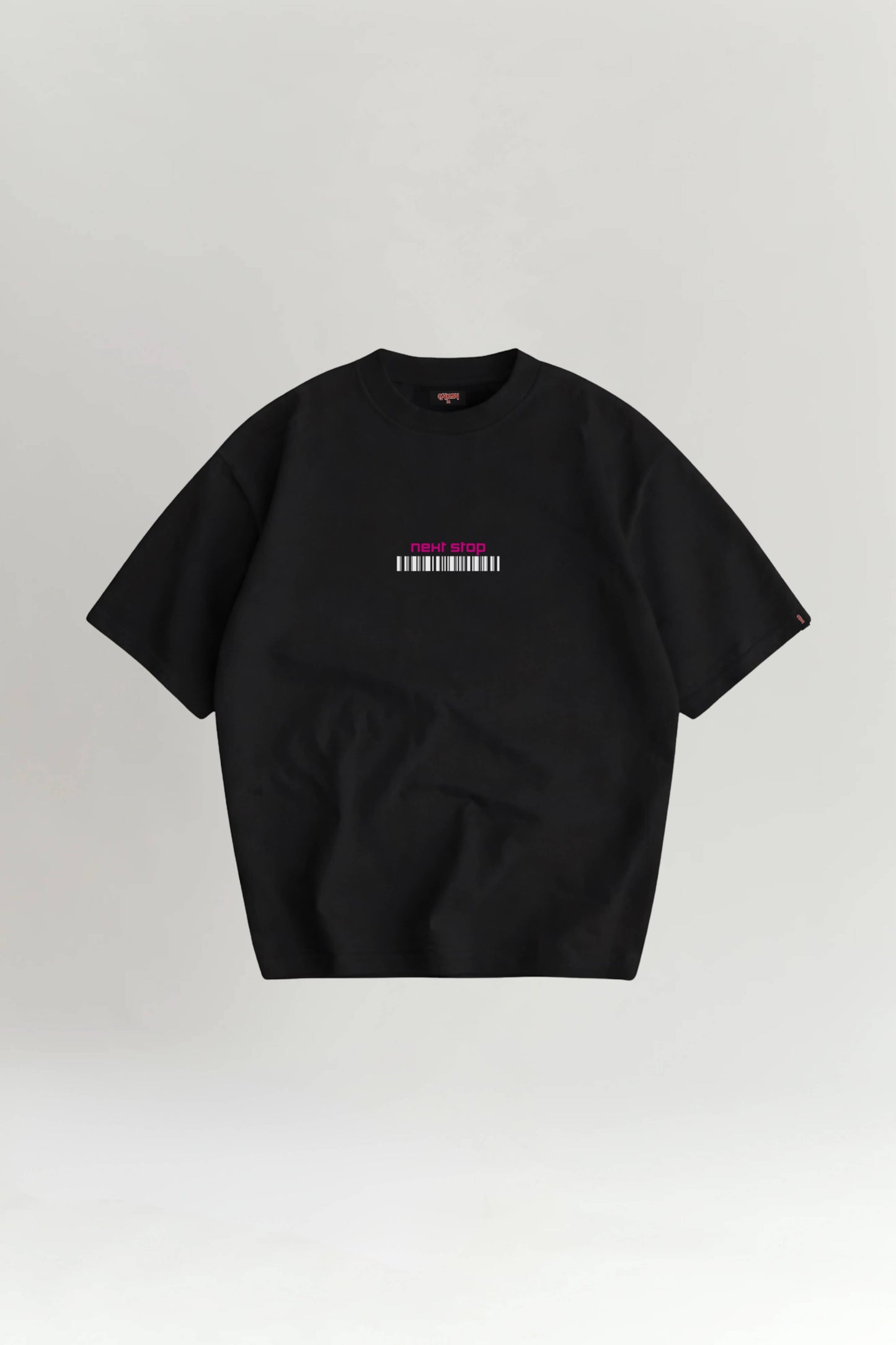 Black t-shirt with 'barcode' on a light gray background