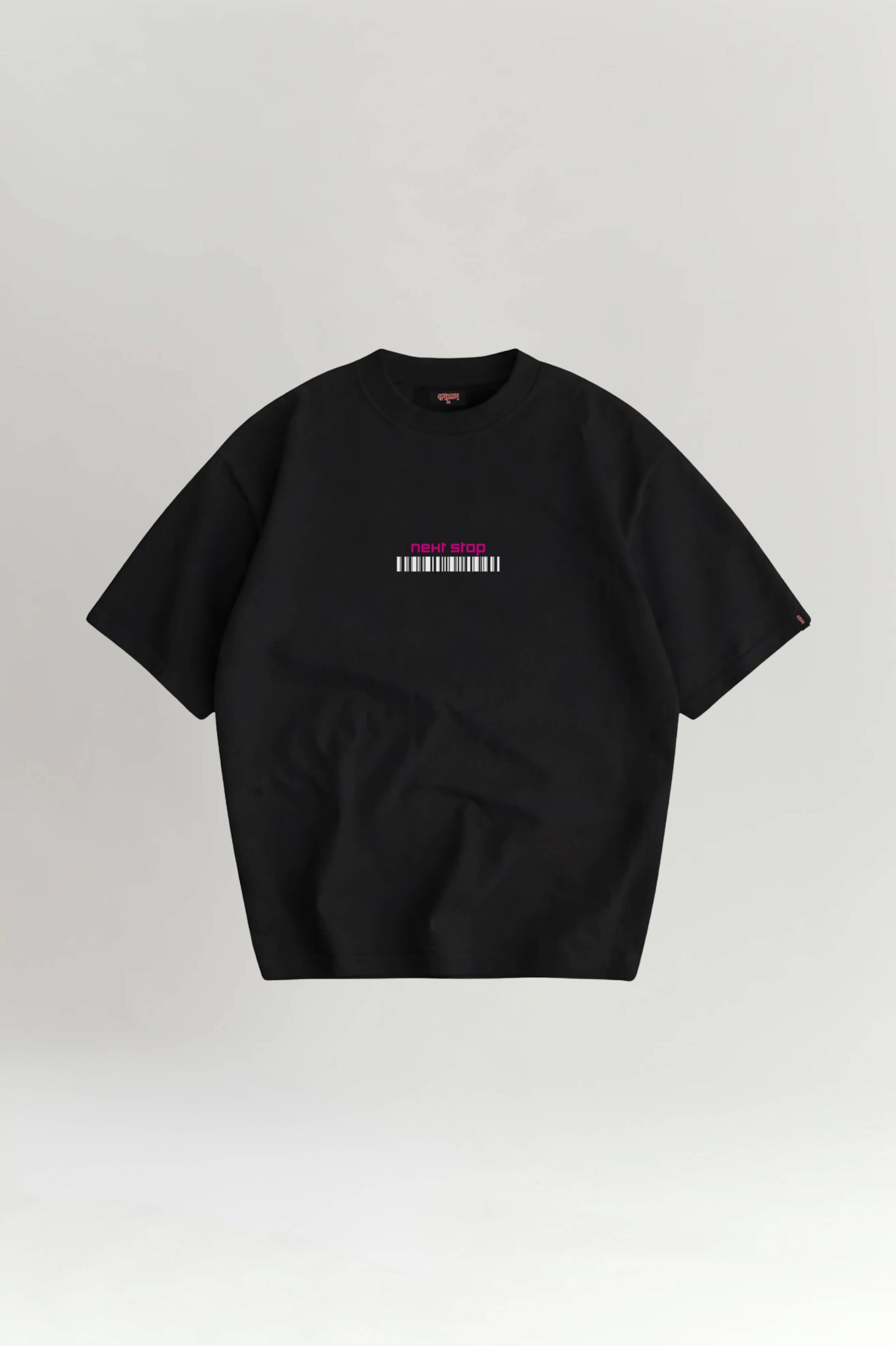 Black t-shirt with 'barcode' on a light gray background