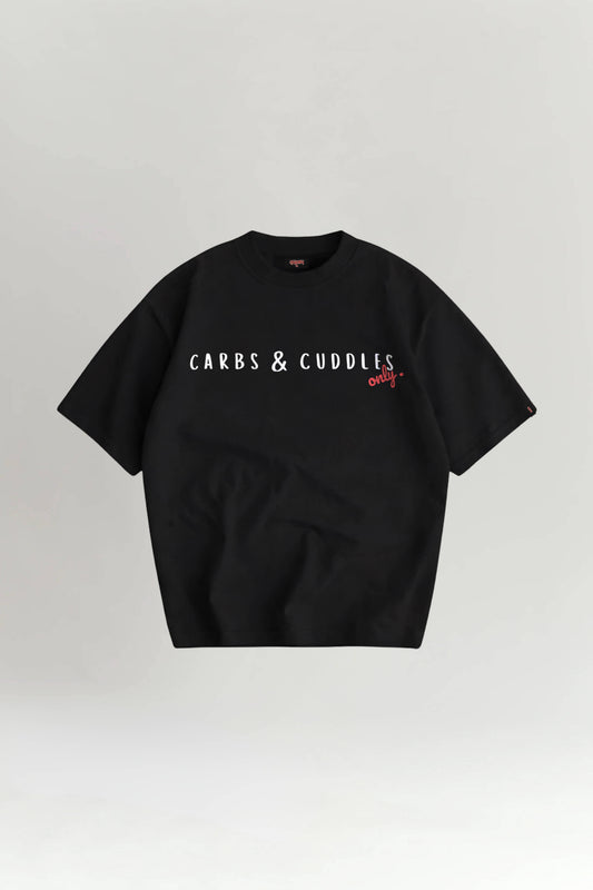 Black t-shirt with 'CARBS & CUDDLES ONLY' text on a light gray background
