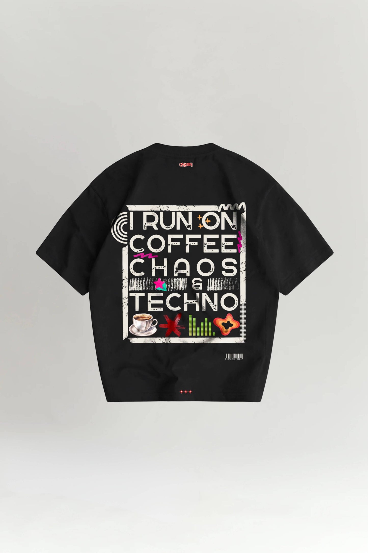 Black t-shirt with colorful text and graphics on a white background