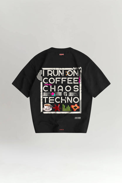 Black t-shirt with colorful text and graphics on a white background
