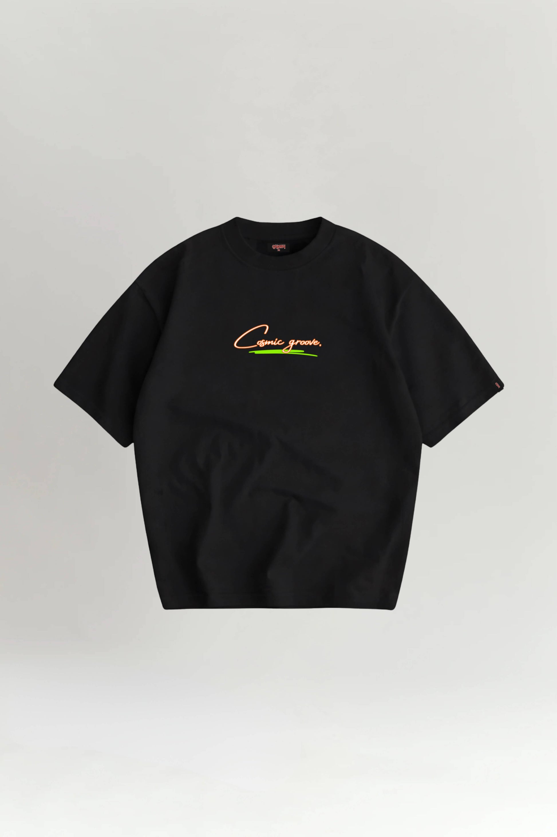 Black t-shirt with text and graphics on a light gray background