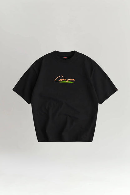 Black t-shirt with text and graphics on a light gray background
