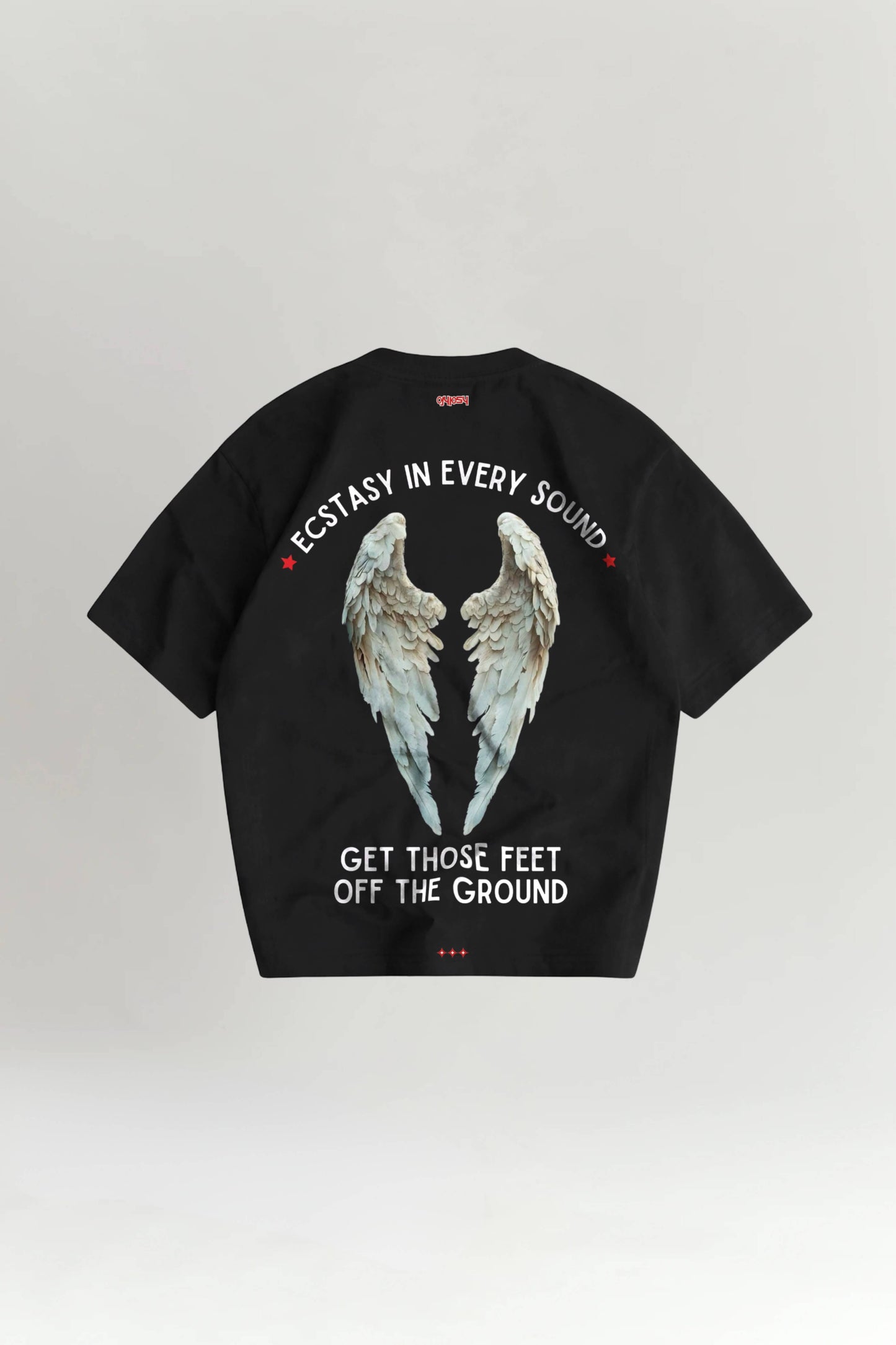 Black t-shirt with angel wings graphic and text on a white background