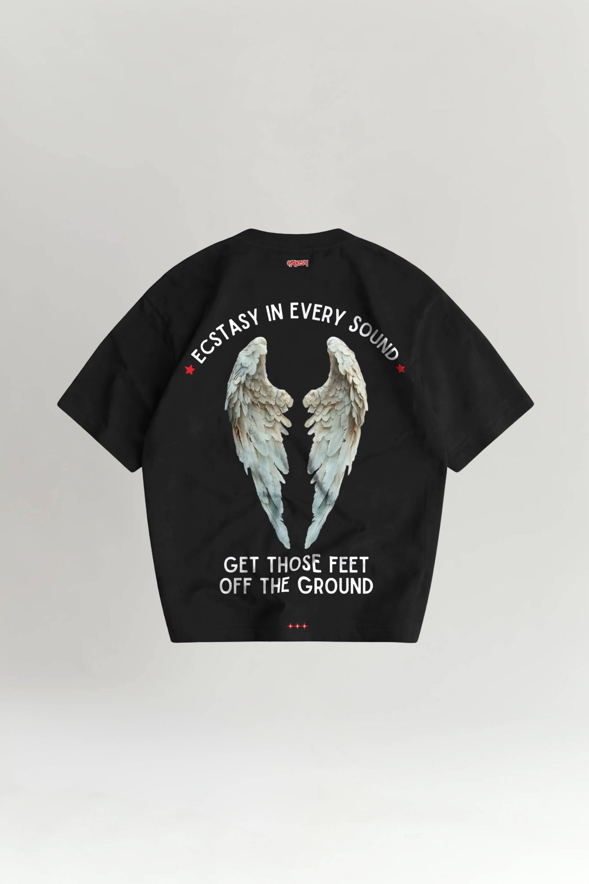 Black t-shirt with angel wings graphic and text on a white background