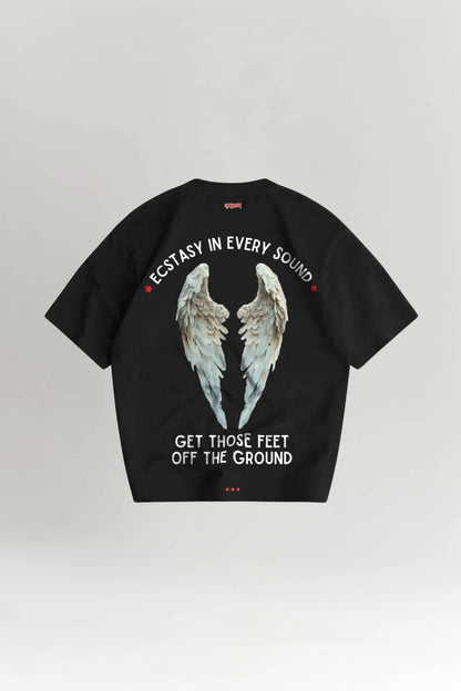 Black t-shirt with angel wings graphic and text on a white background