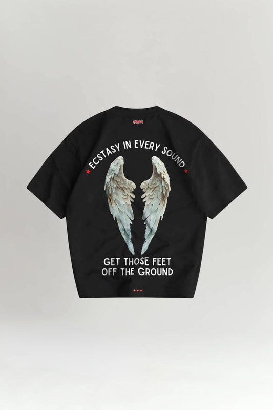 Black t-shirt with angel wings graphic and text on a white background