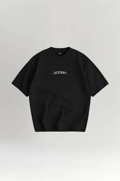 Black t-shirt with 'ECSTASY' text on a light gray background