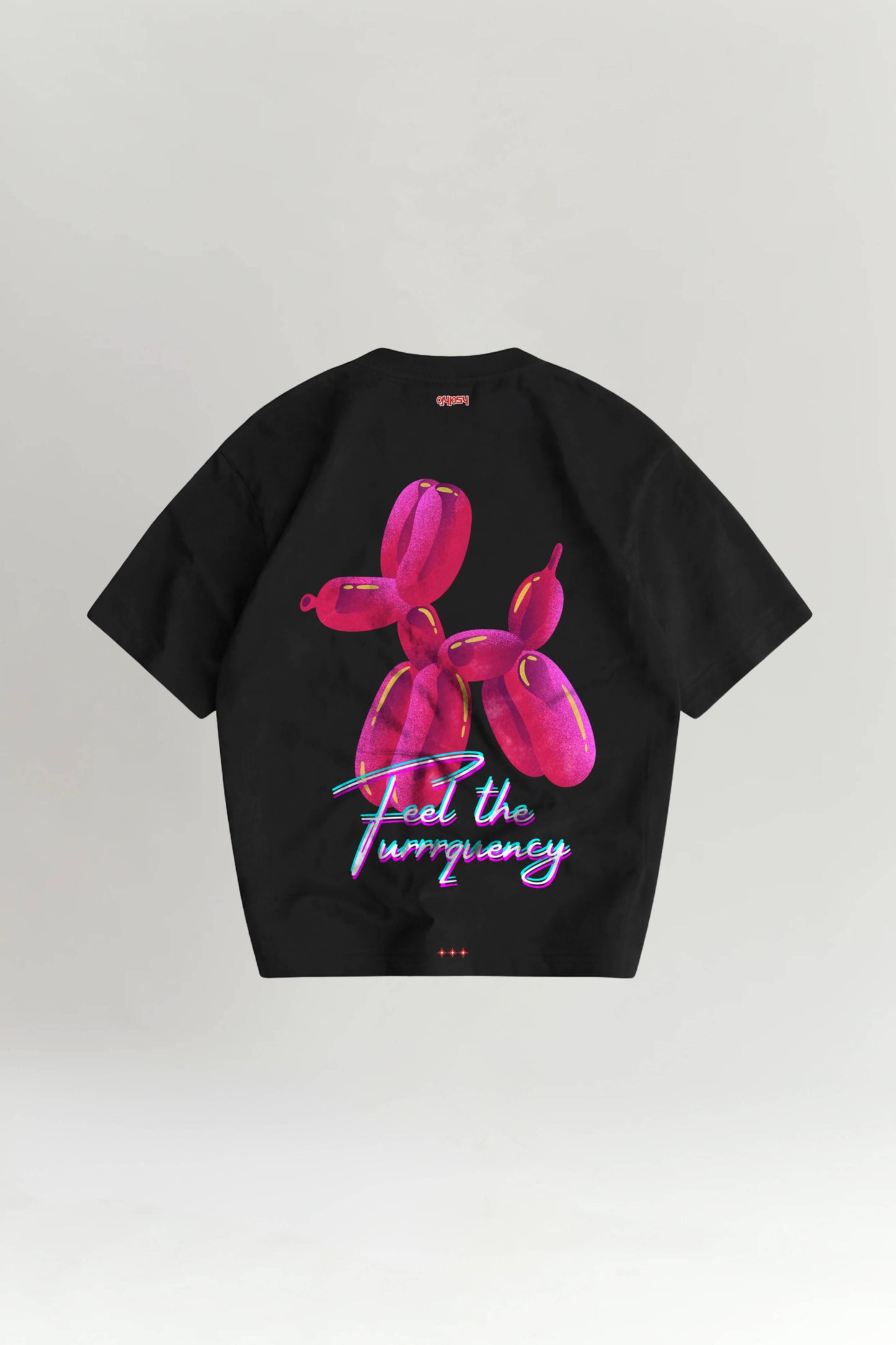 Black t-shirt with pink balloon dog graphic and 'Feel the Frequency' text on a white background