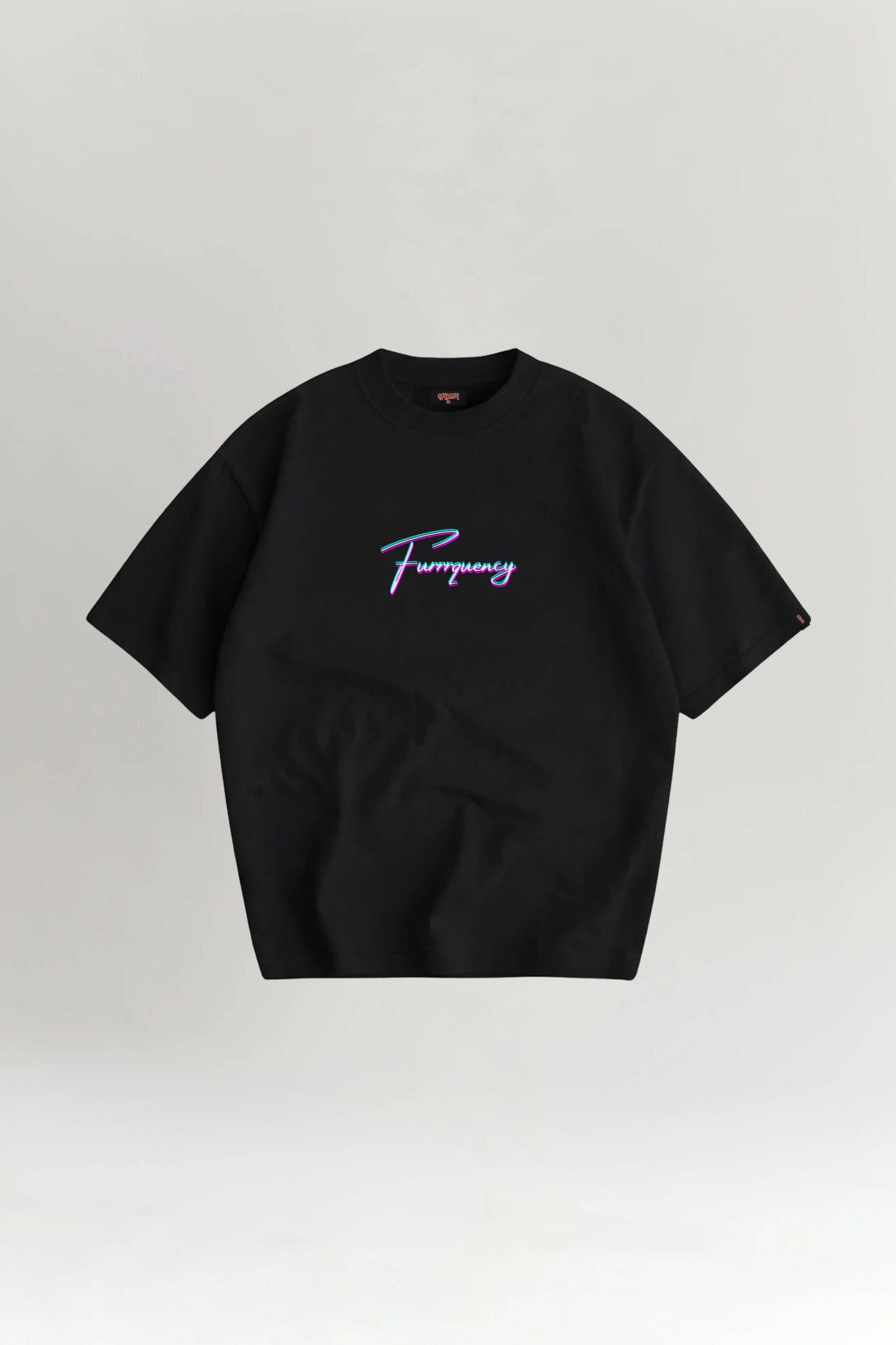 Black t-shirt with pink text on a light gray background
