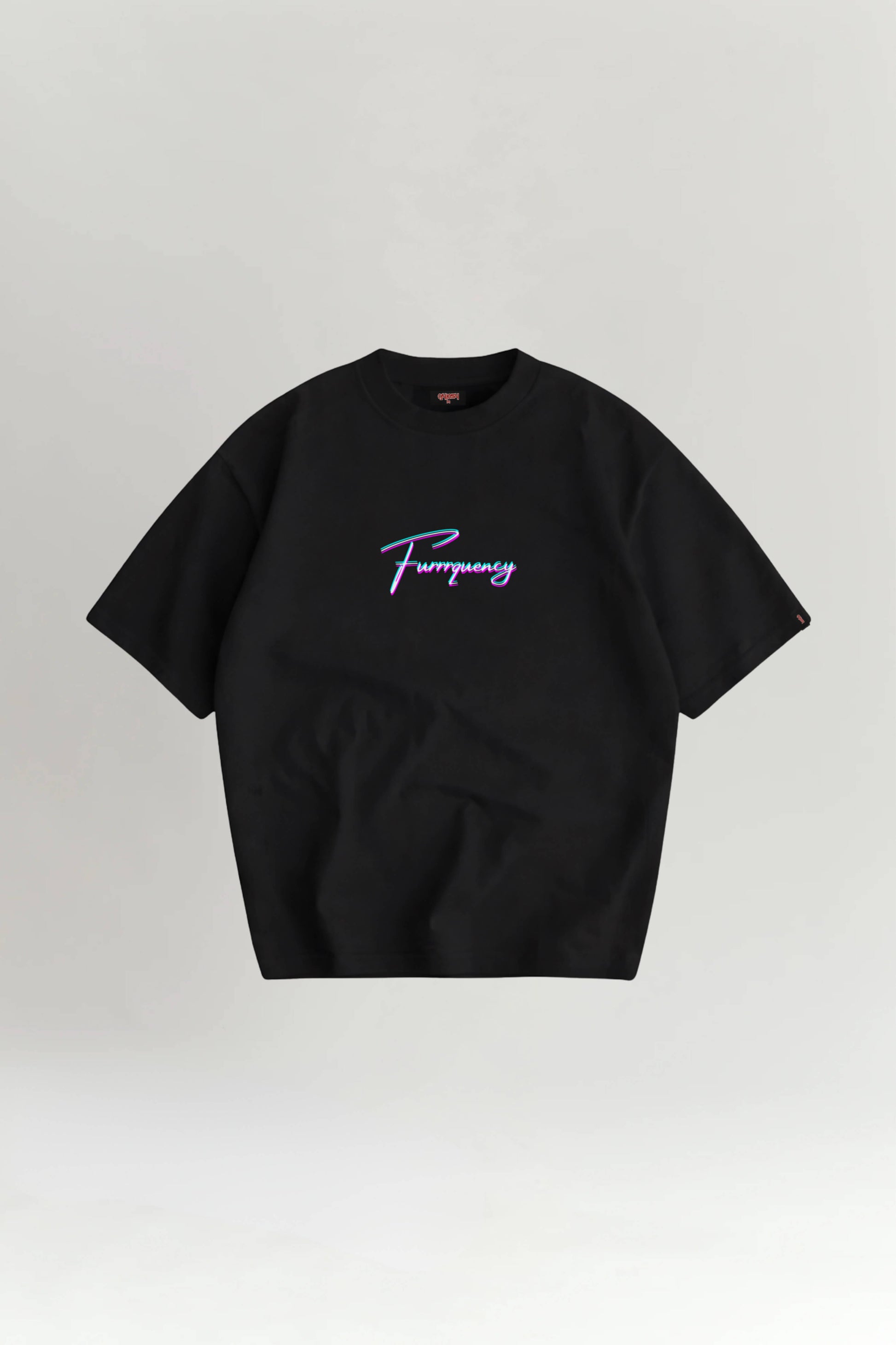 Black t-shirt with pink text on a light gray background