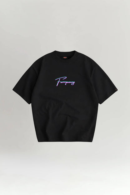 Black t-shirt with pink text on a light gray background