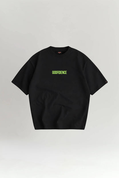 Black t-shirt with 'GODFIDENCE' text on a light gray background