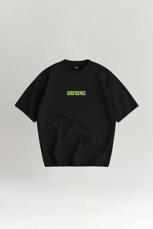 Black t-shirt with 'GODFIDENCE' text on a light gray background
