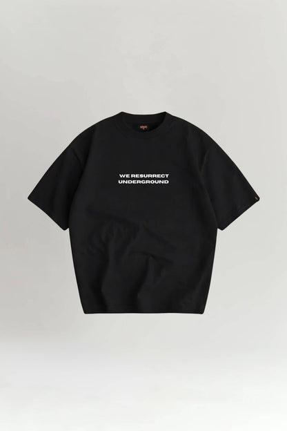 Black t-shirt with text on a light gray background