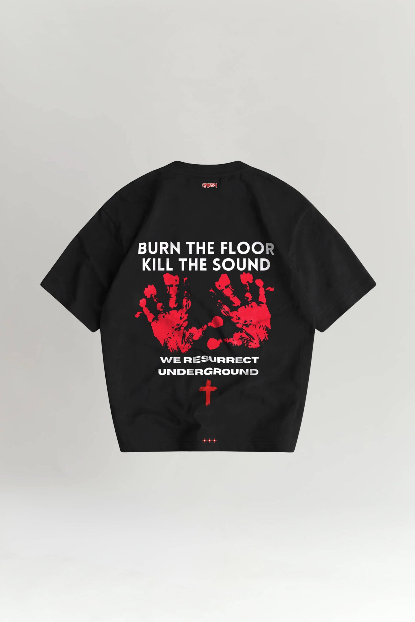Black t-shirt with red and white graphic design on a light gray background