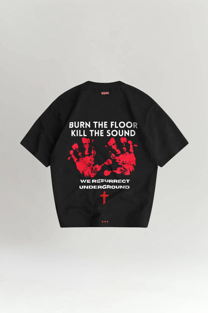 Black t-shirt with red and white graphic design on a light gray background