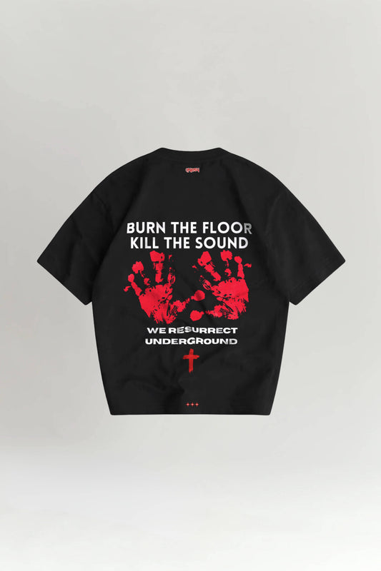 Black t-shirt with red and white graphic design on a light gray background