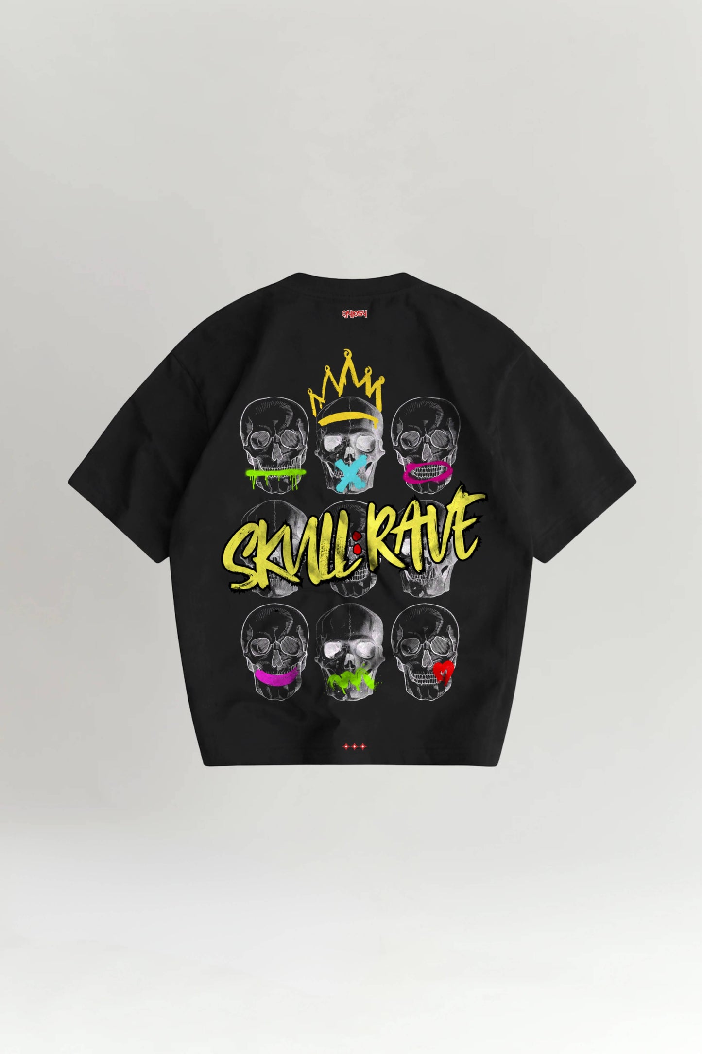 Black t-shirt with colorful skull design and 'SKULL RAVE' text on a white background