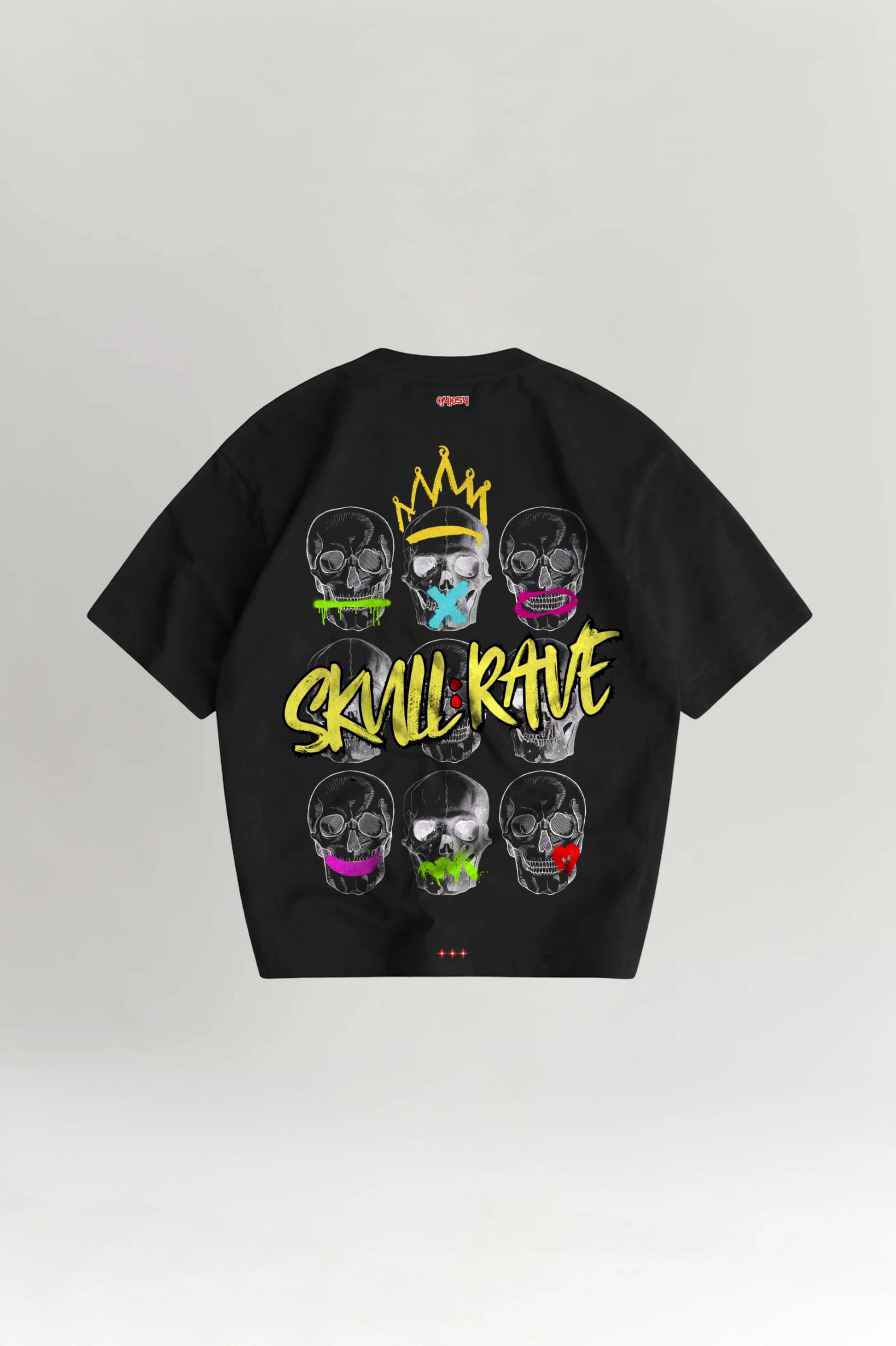 Black t-shirt with colorful skull design and 'SKULL RAVE' text on a white background