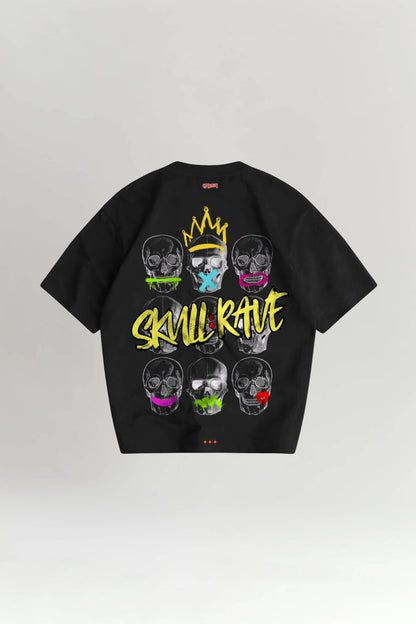 Black t-shirt with colorful skull design and 'SKULL RAVE' text on a white background