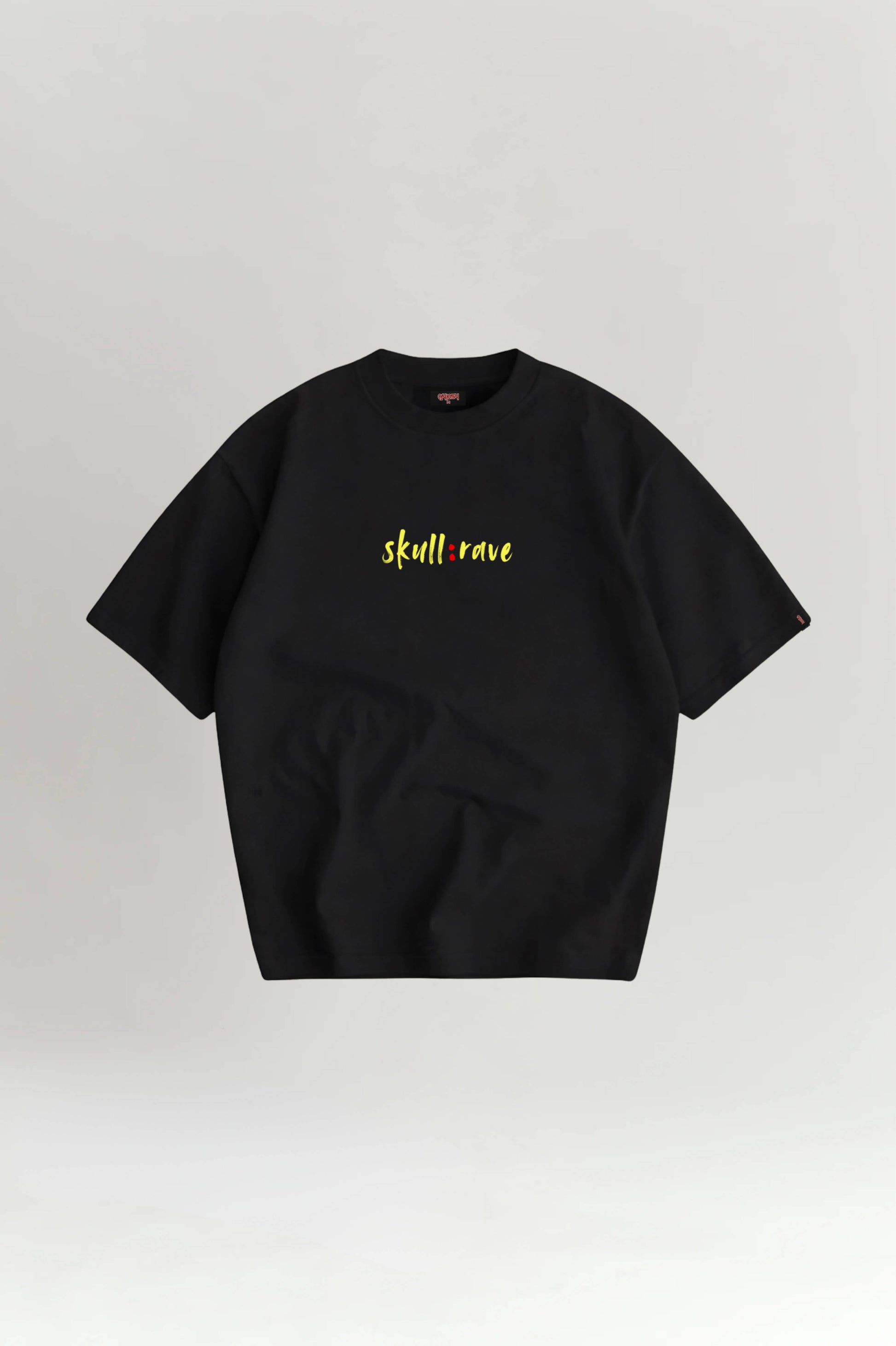 Black t-shirt with yellow text on a light gray background