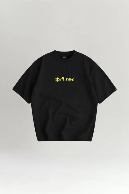 Black t-shirt with yellow text on a light gray background