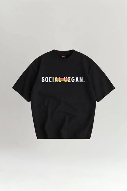 Black t-shirt with 'SOCIAL VEGAN' text on a light gray background