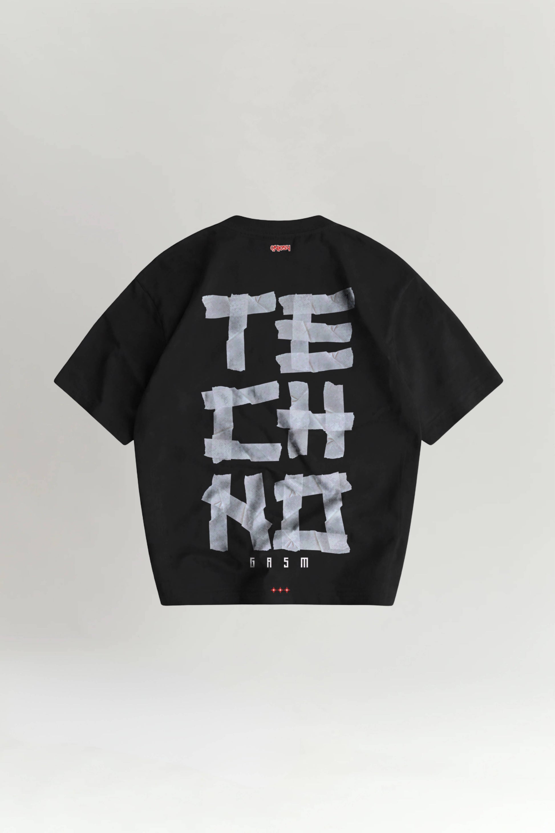 Black t-shirt with 'TECHNO' print on a white background