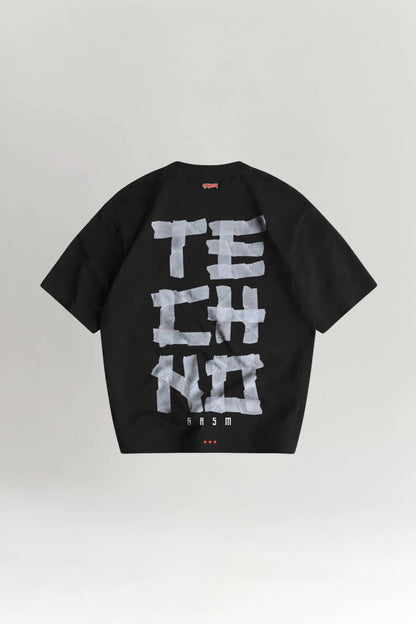 Black t-shirt with 'TECHNO' print on a white background