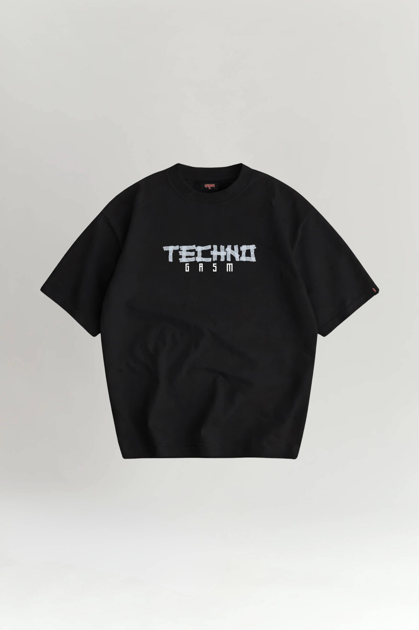 Black t-shirt with 'TECHNO' text on a light gray background