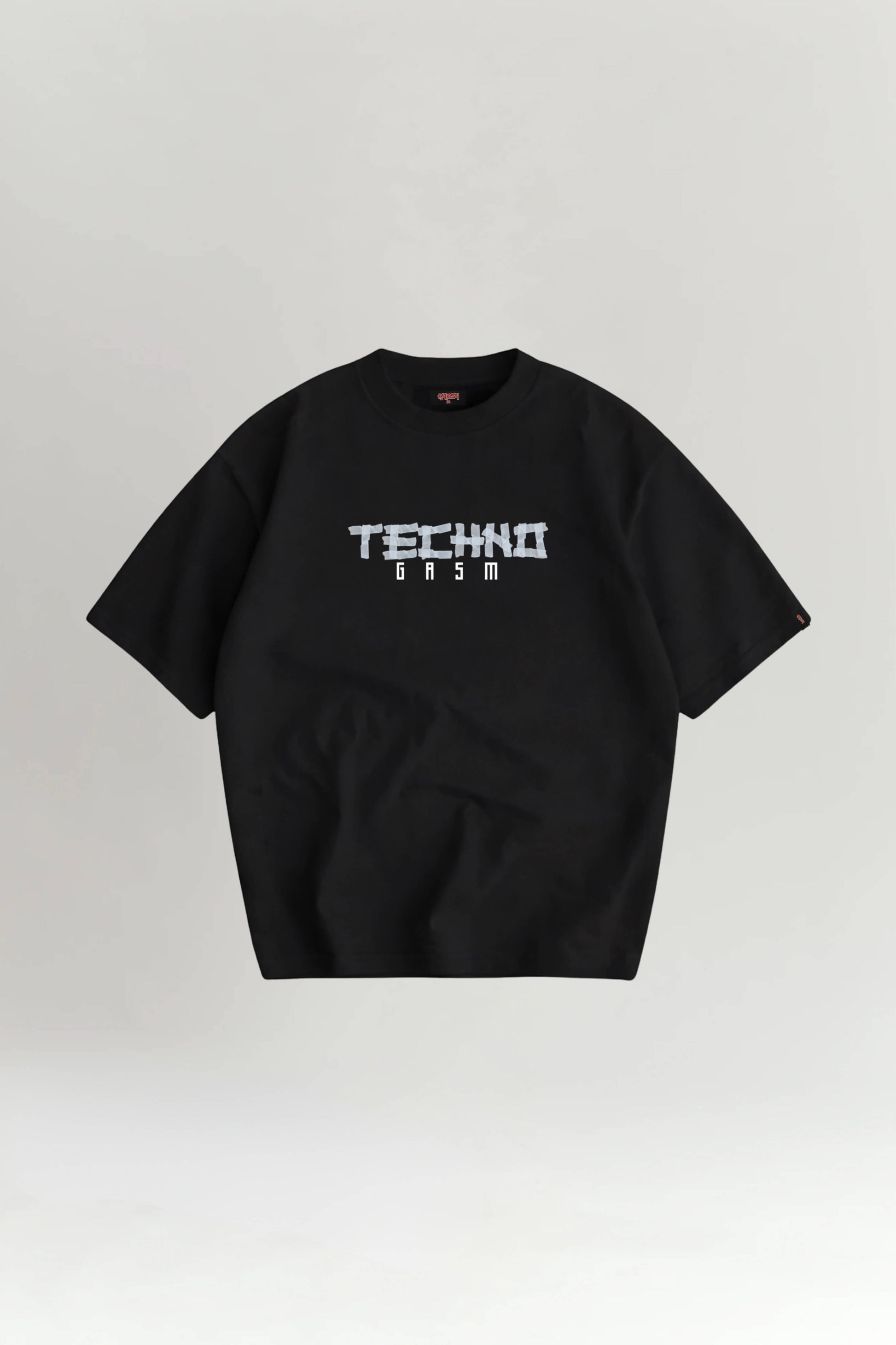 Black t-shirt with 'TECHNO' text on a light gray background