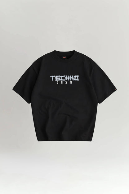 Black t-shirt with 'TECHNO' text on a light gray background