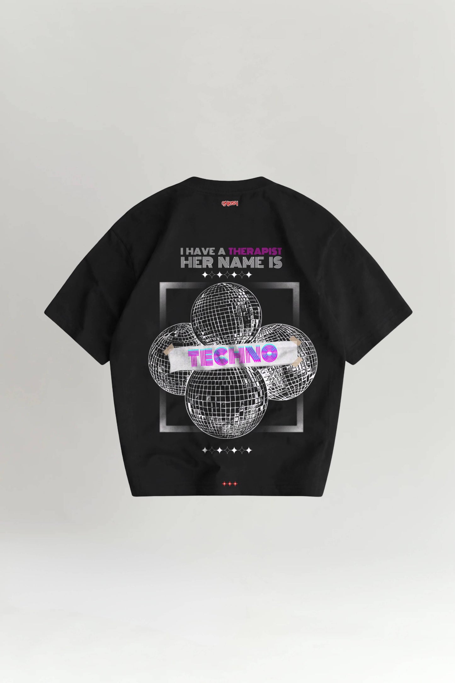Black t-shirt with graphic design and text on a white background