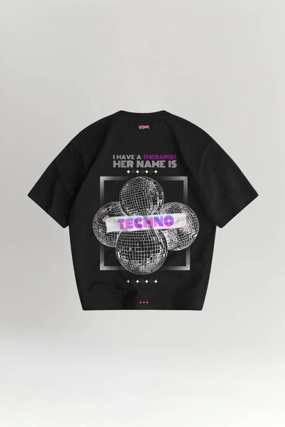 Black t-shirt with graphic design and text on a white background