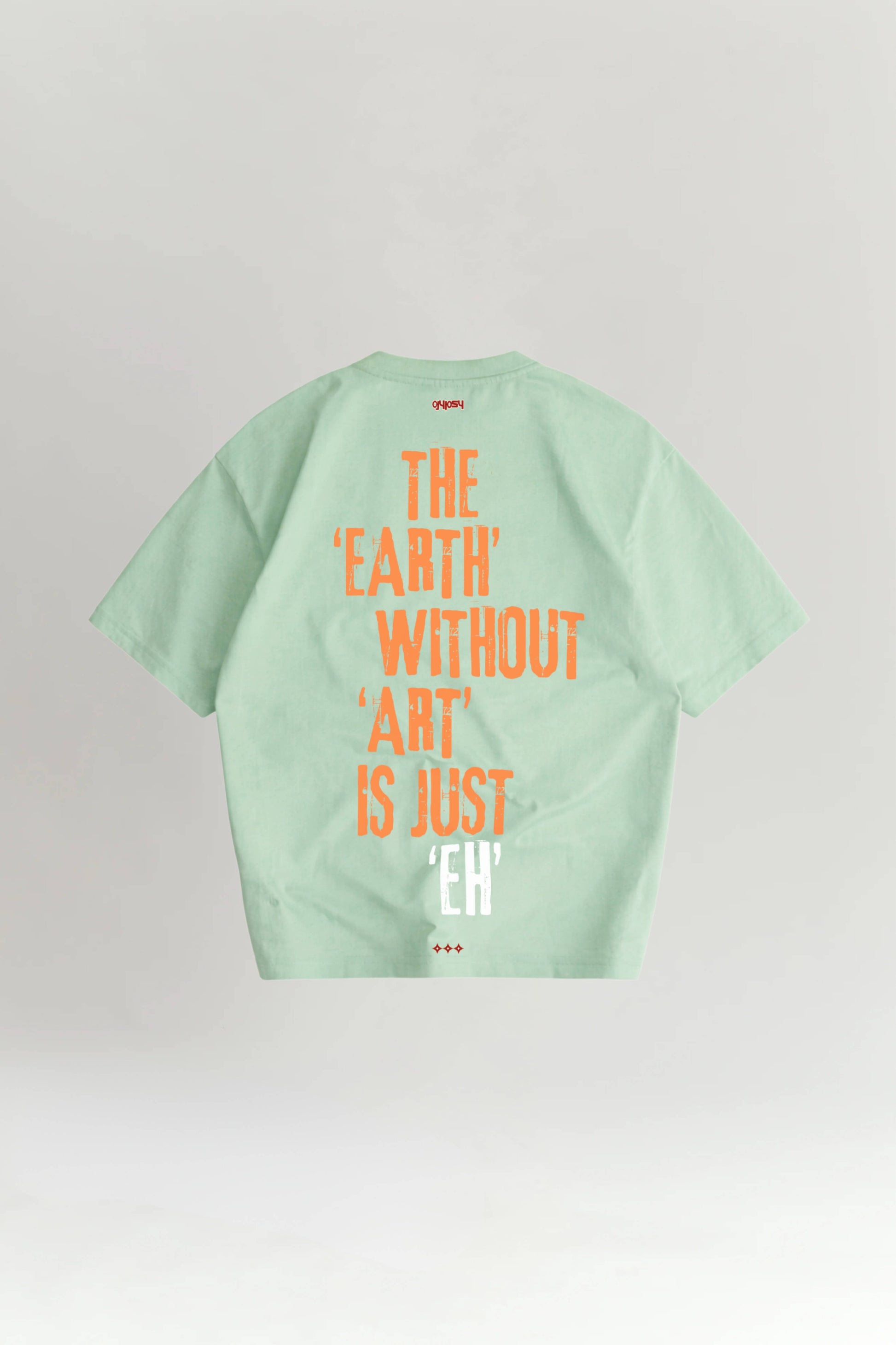 Light green t-shirt with orange text on a gray background