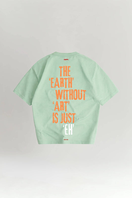 Light green t-shirt with orange text on a gray background