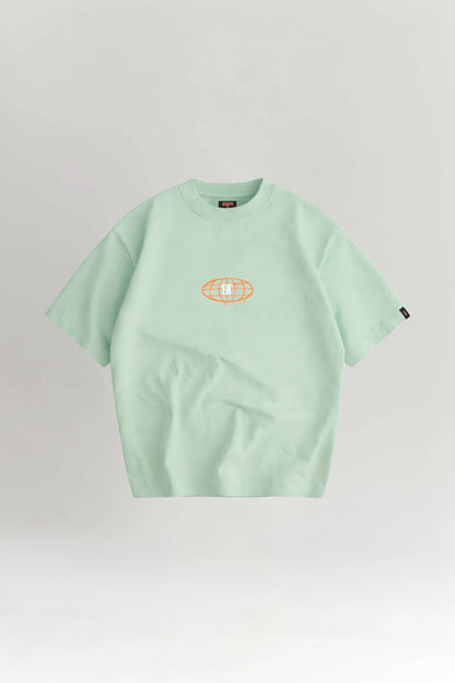 Light green t-shirt with a logo on a white background