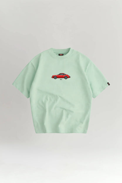 Light green t-shirt with a red car graphic on a white background