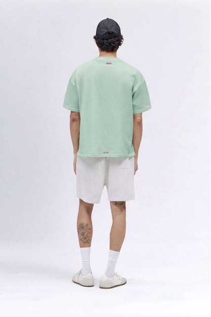 Person wearing a light green t-shirt and white shorts on a plain background