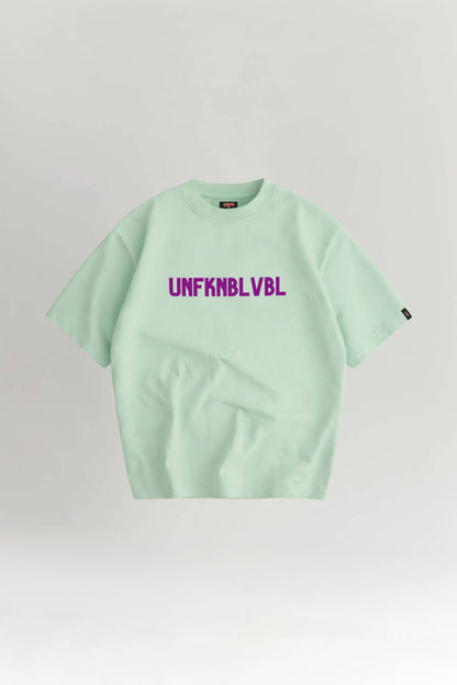 Light green t-shirt with purple text on a white background