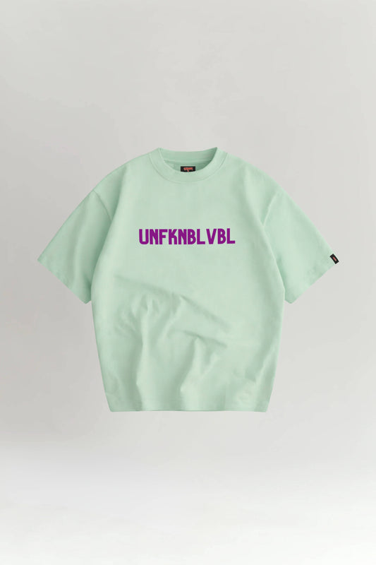 Light green t-shirt with purple text on a white background