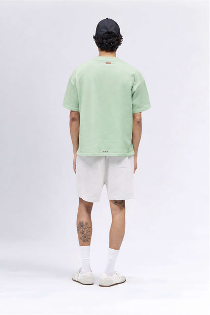 Person wearing a light green t-shirt and white shorts on a white background