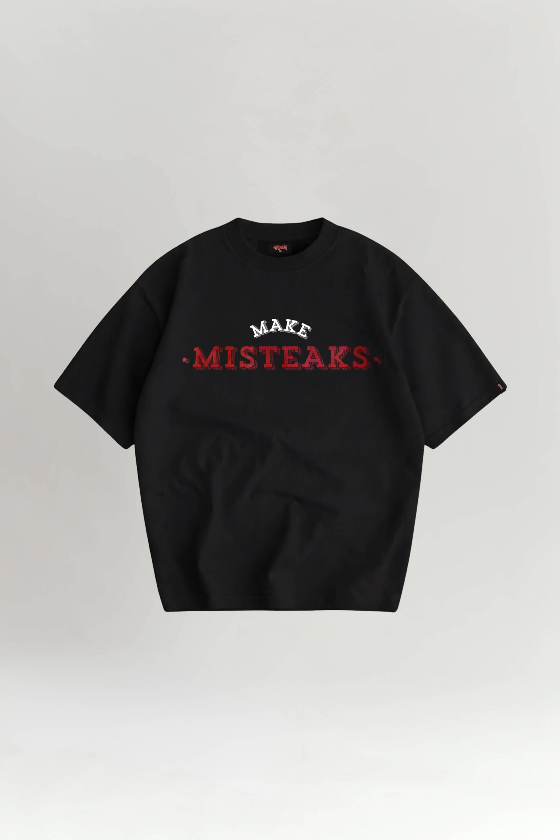 Black t-shirt with red and white text on a light gray background