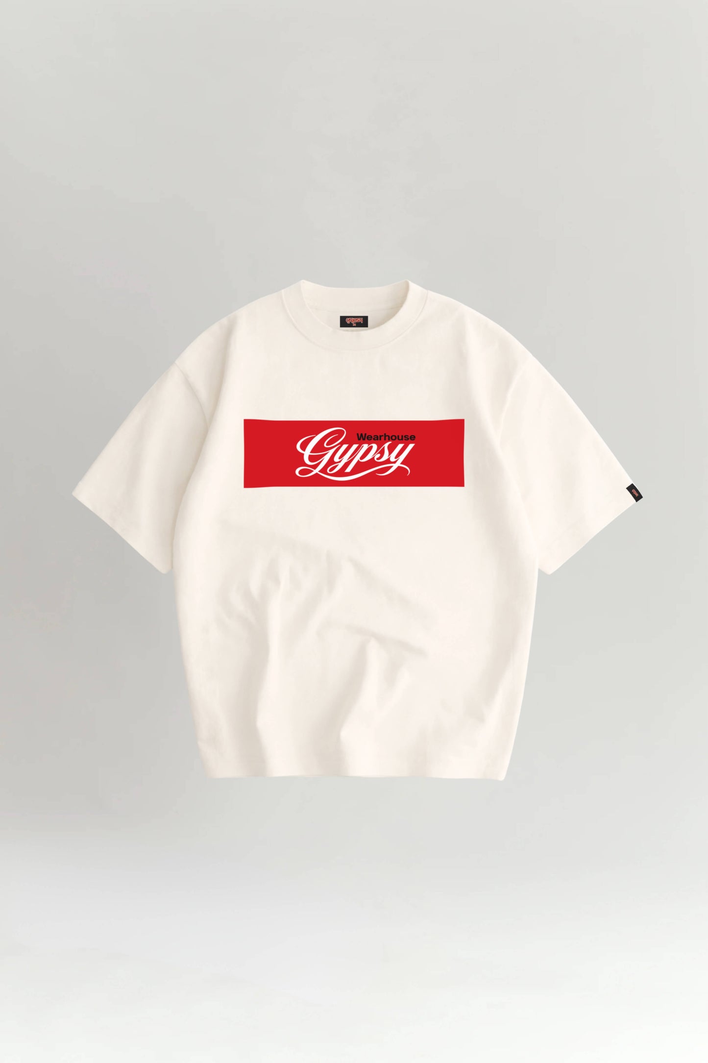 White t-shirt with a red logo on a gray background